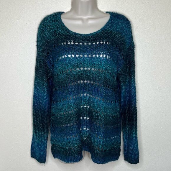 Chicos Open Weave Ombre Stripe Green Blue Scoop Neck Sweater Women Size Medium - Picture 12 of 12